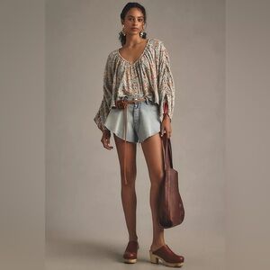 Anthropologie longsleeve Shirred Blouse turquoise burnt orange Crop top